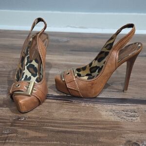 Jessica Simpson Tan Leather Slingback Heels with Gold Buckle